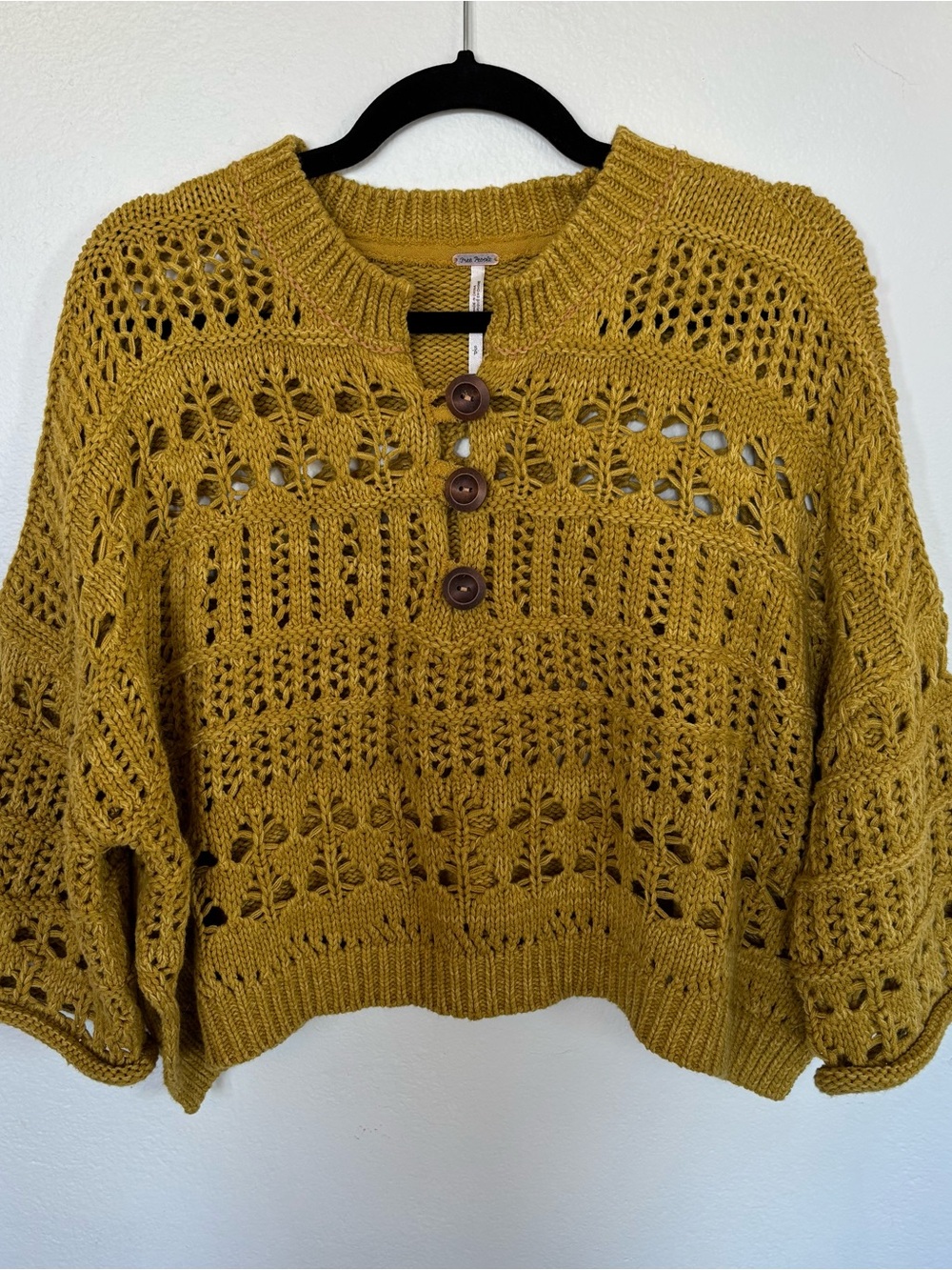 Free People Dreams Tonight Crop Sweater Openwork Knit Pullover Henley - Picture 3 of 8